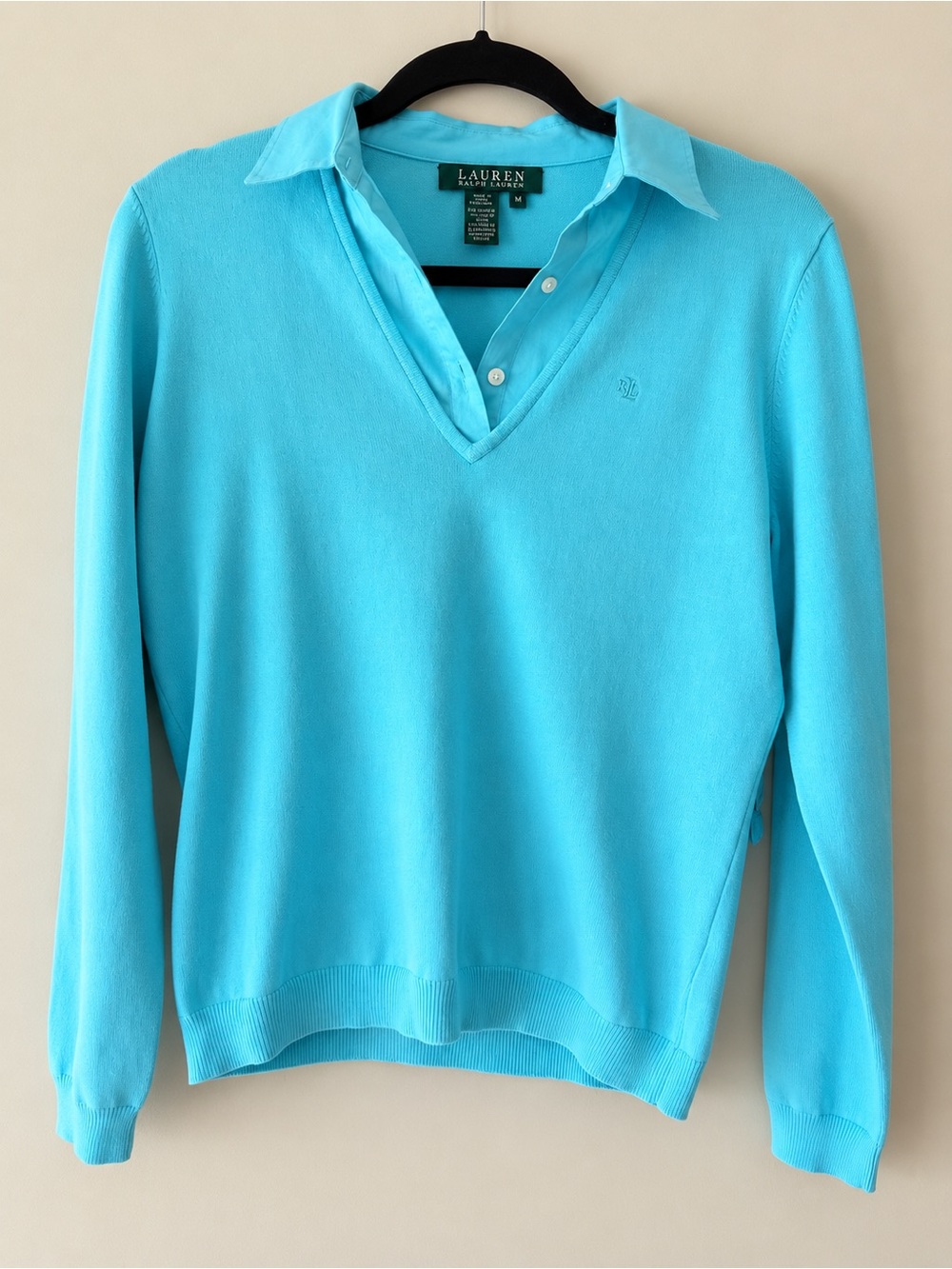 Lauren Ralph Lauren Aquamarine Collared V-Neck Sweater M NWT